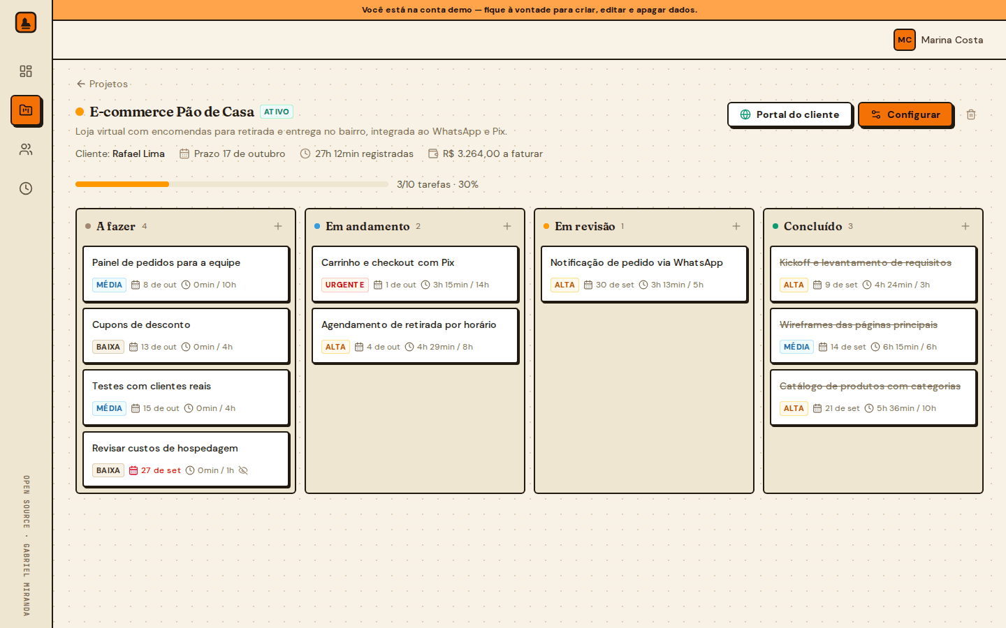 Quadro kanban do Task Forge